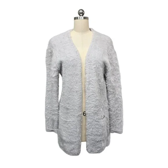 Free‎ People Fuzzy Cardigan Sweater Light Gray Open Pockets Womens Size Small - Picture 2 of 10